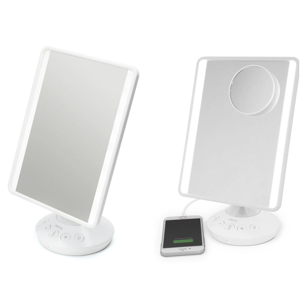 iHome Freestanding Mirror with Bluetooth Audio, LED Lighting,10x Magnifier, USB